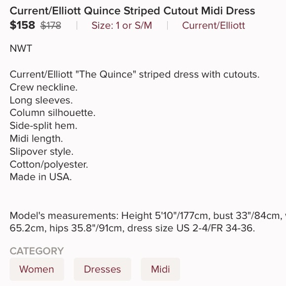 NEW NWT Current Elliot Quince Stripe Midi Dress 1 - Picture 2 of 5
